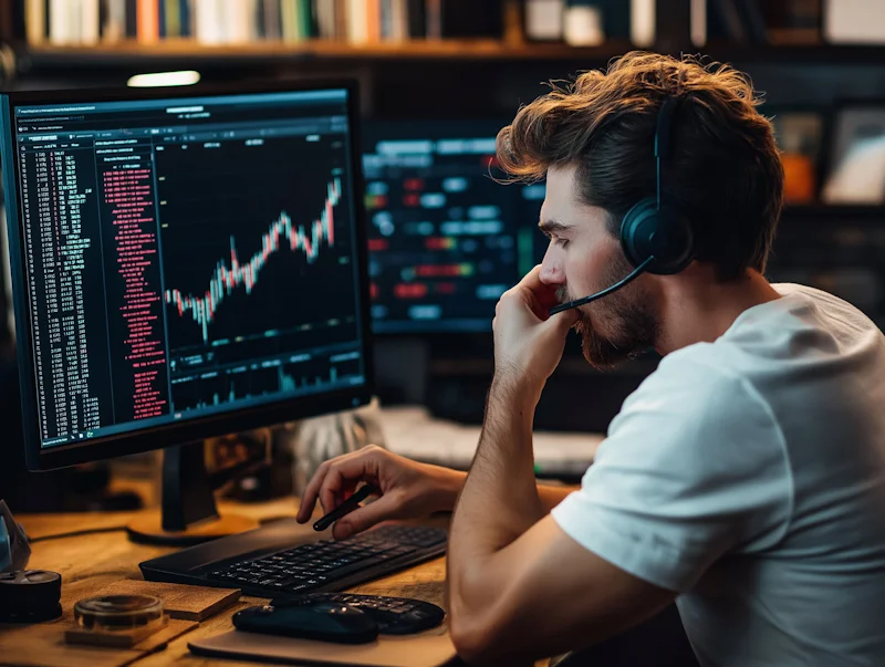 Professional financial advisor reviewing market charts and analysis reports
